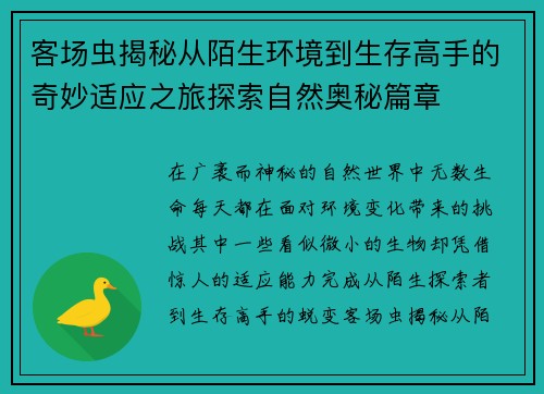 客场虫揭秘从陌生环境到生存高手的奇妙适应之旅探索自然奥秘篇章